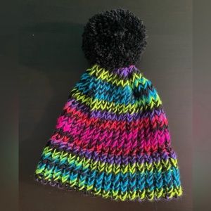 New Handmade Knit Beanie- Neon Rainbow/Black